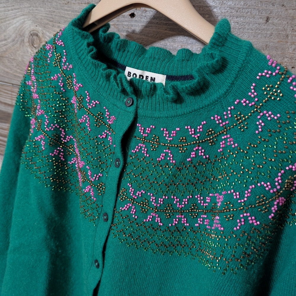 Boden Wool Green Sweater Ruffle Edge with Pink and Gold Accents